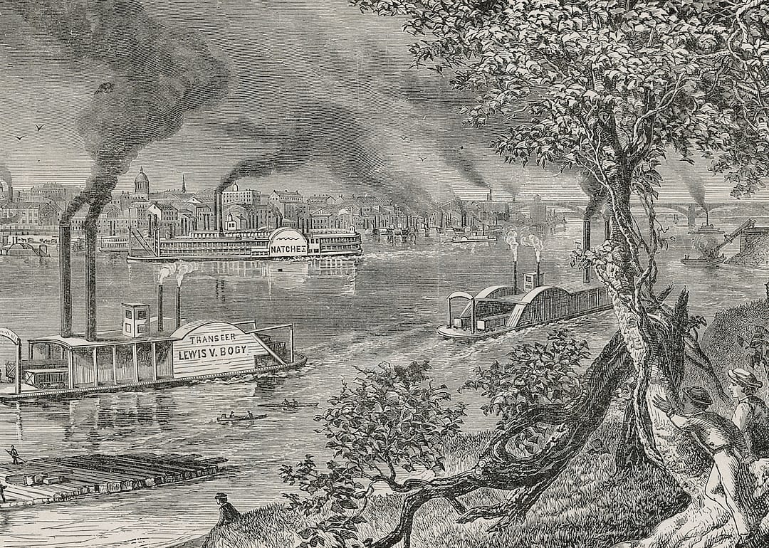 A view across the Mississippi River from the Illinois shore towards the city of St. Louis, Missouri, circa 1850.