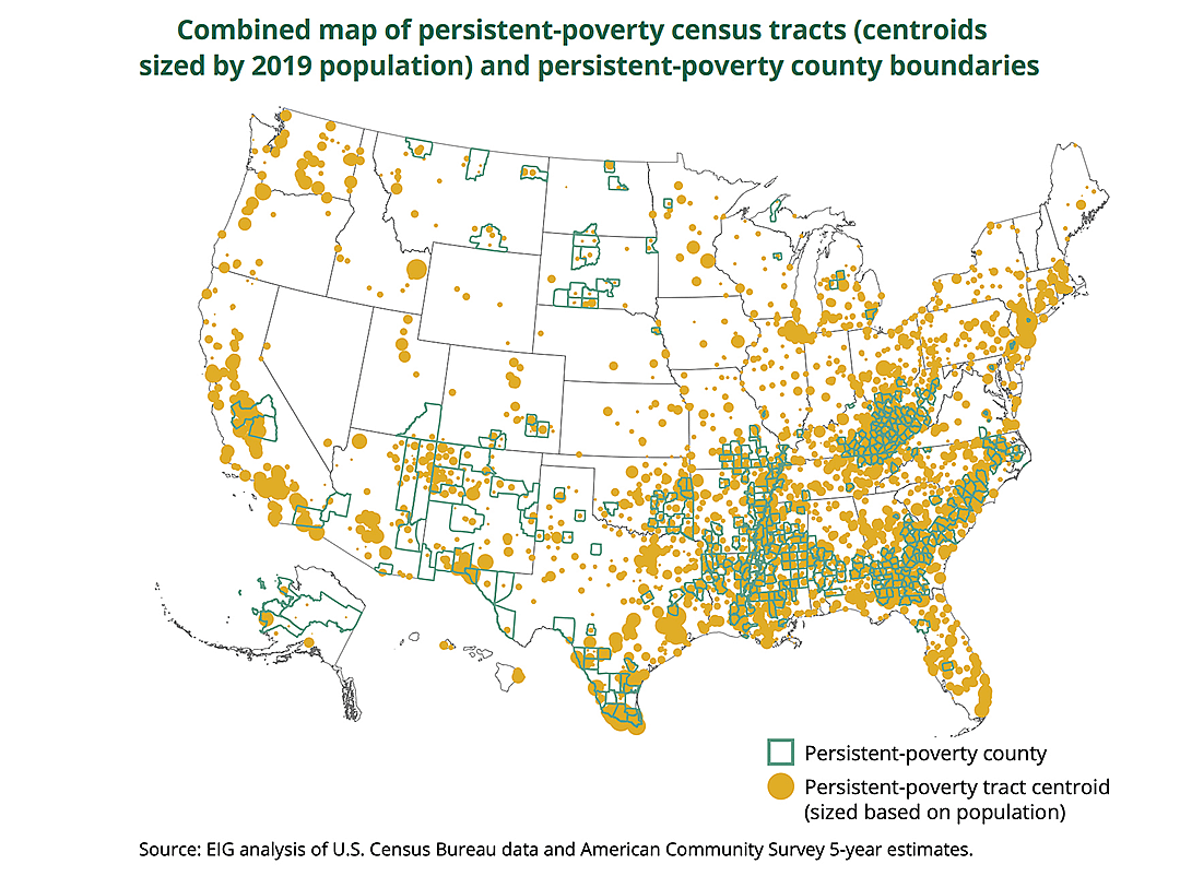 A national US Map showing areas of persistent poverty based on US Census tracts.