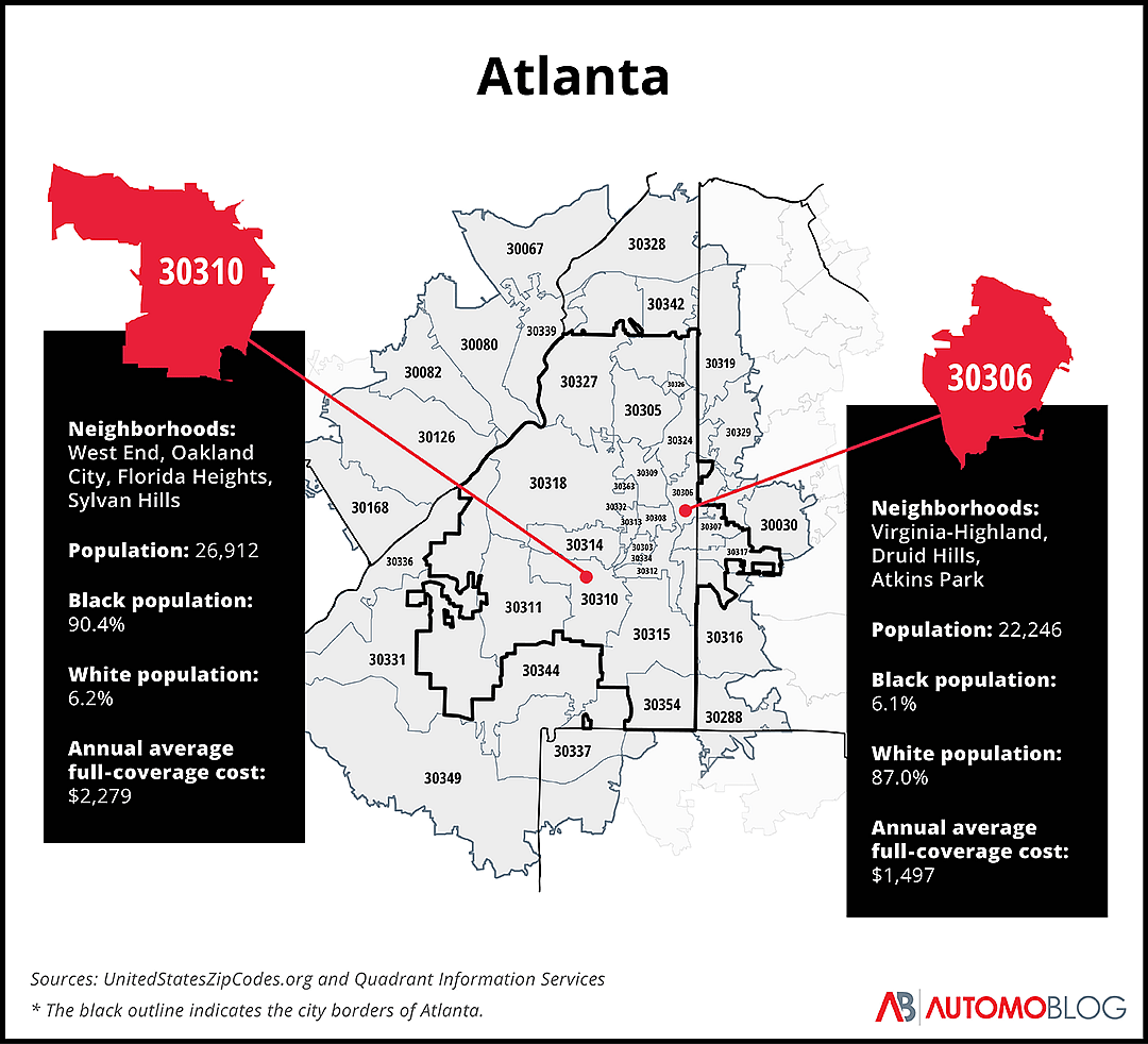 A graphic map of Atlanta, Georgia, by zip code with text comparing insurance costs and rates between two selected zip codes.