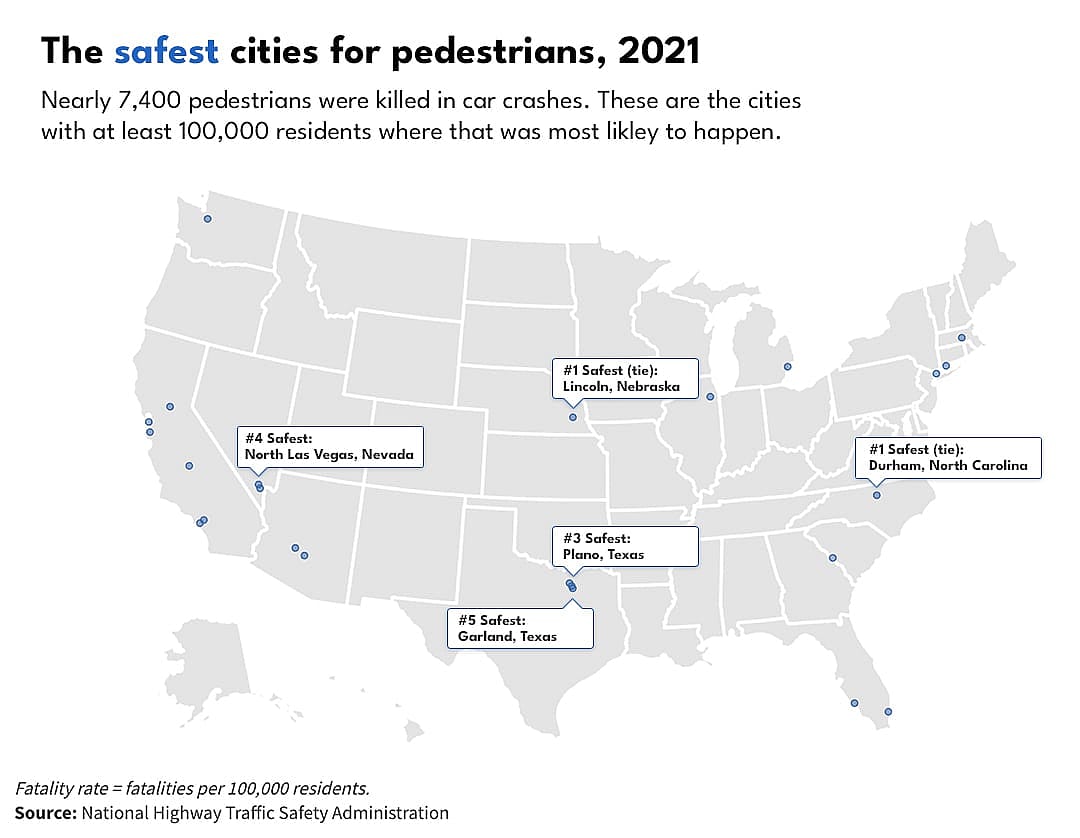 A US Map showing the 25 safest cities for pedestrians
