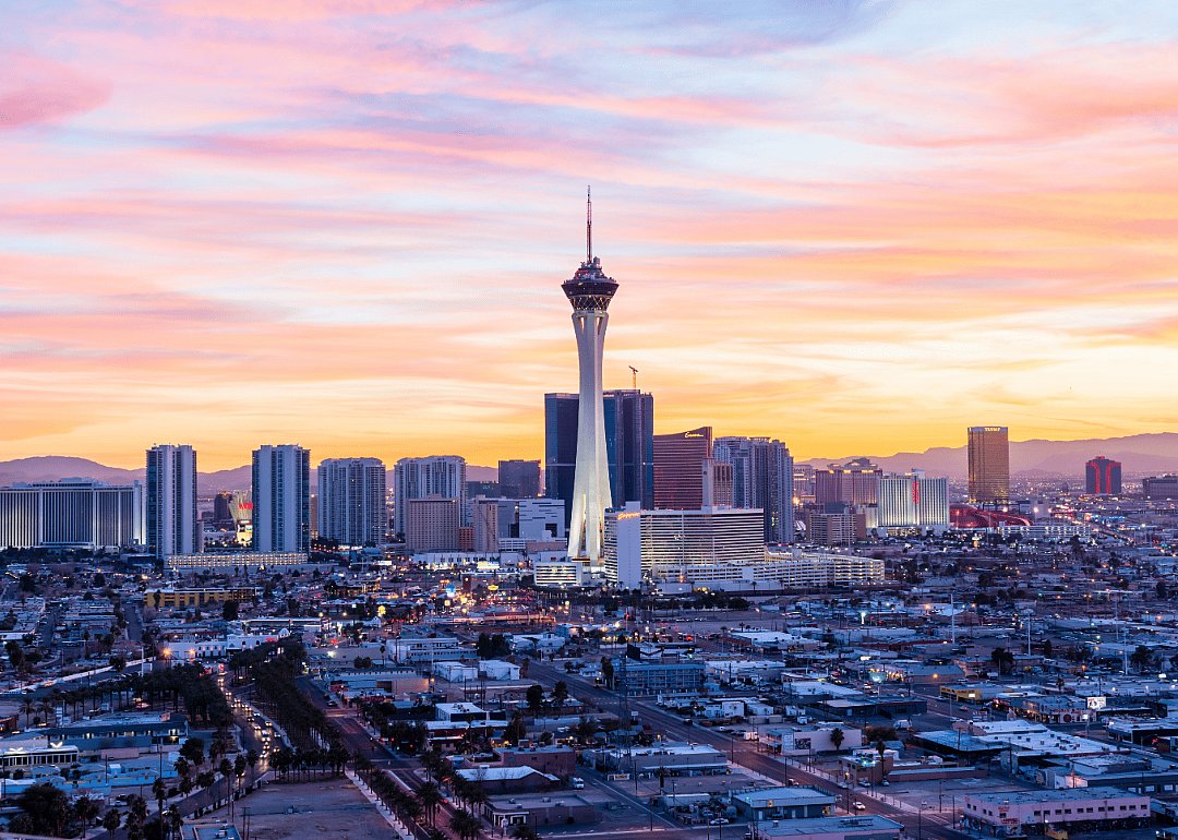 Las Vegas skyline at sunset.