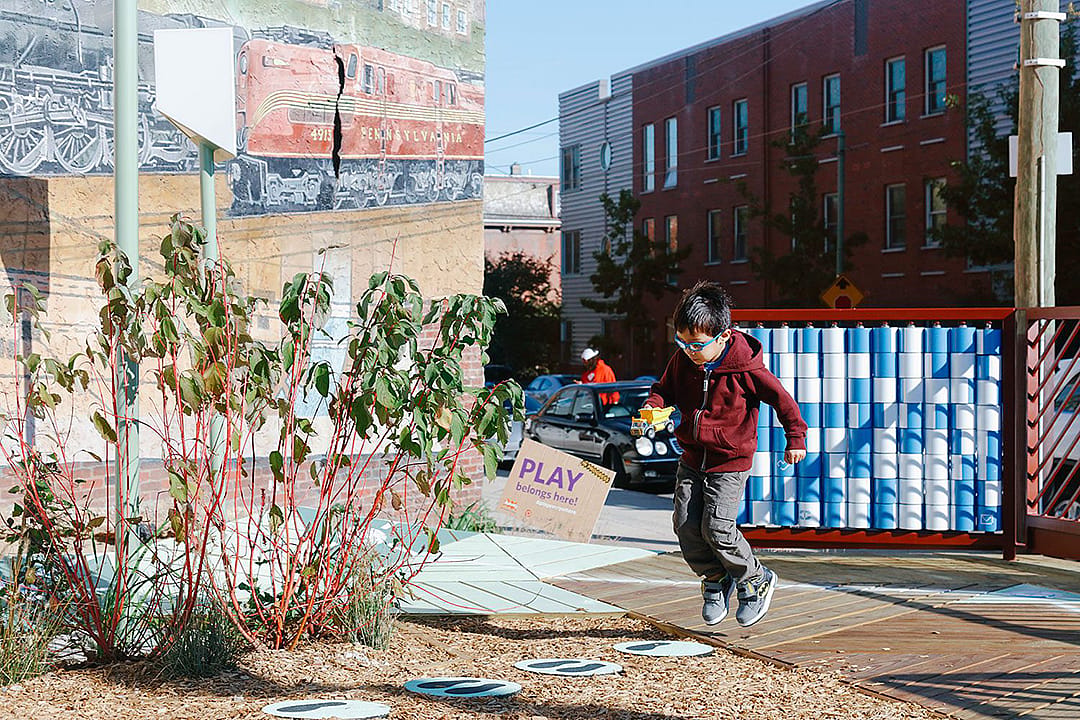 A child plays at the Urban Thinkscape installation in west Philadelphia’s Belmont neighborhood