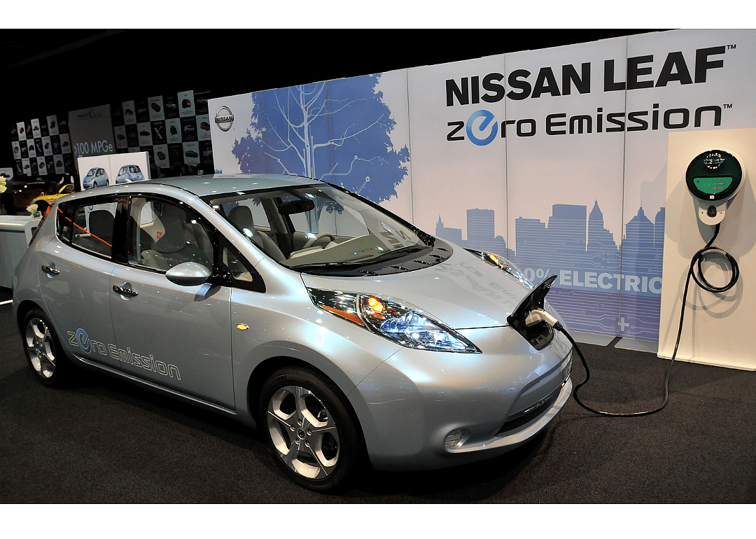 The Nissan Leaf prototype electric car on display during the press preview for the world automotive media North American International Auto Show at the Cobo Center January 12, 2010 in Detroit, Michigan. 