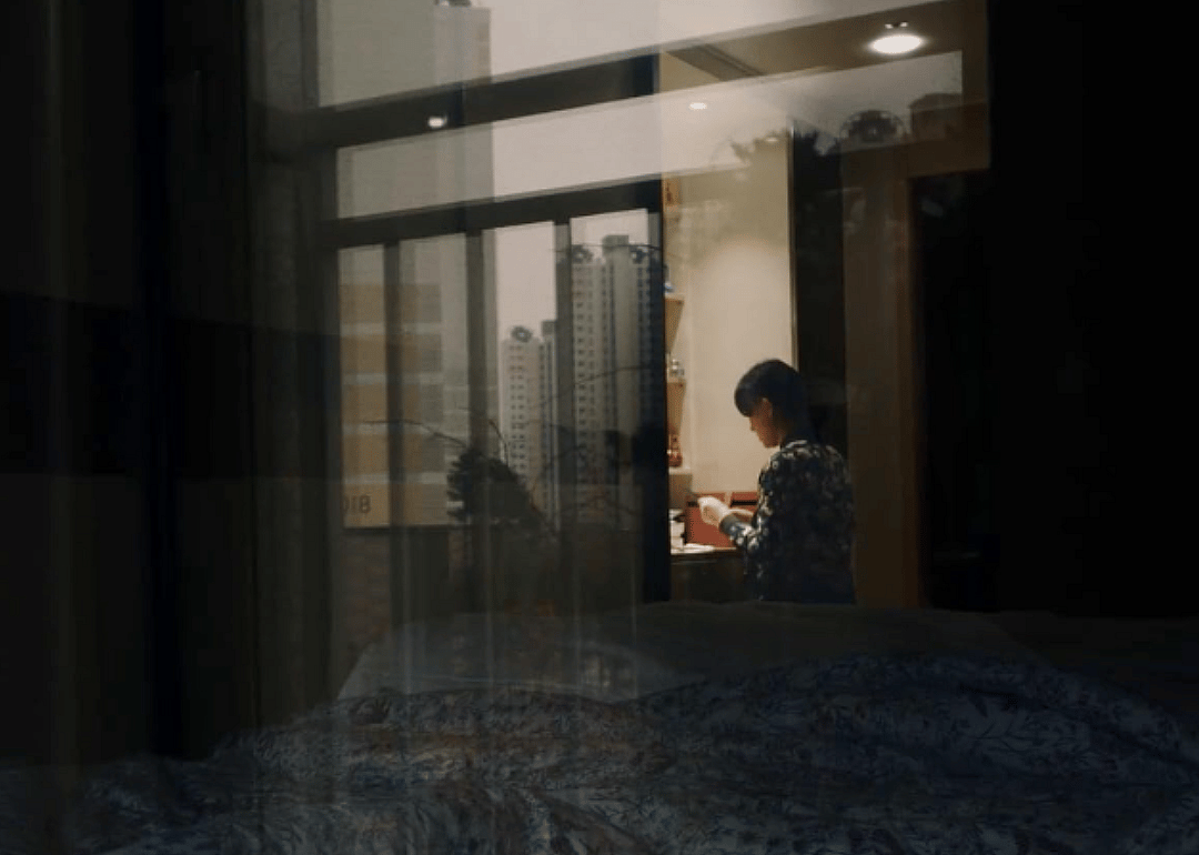 A seated figure seen through a window.