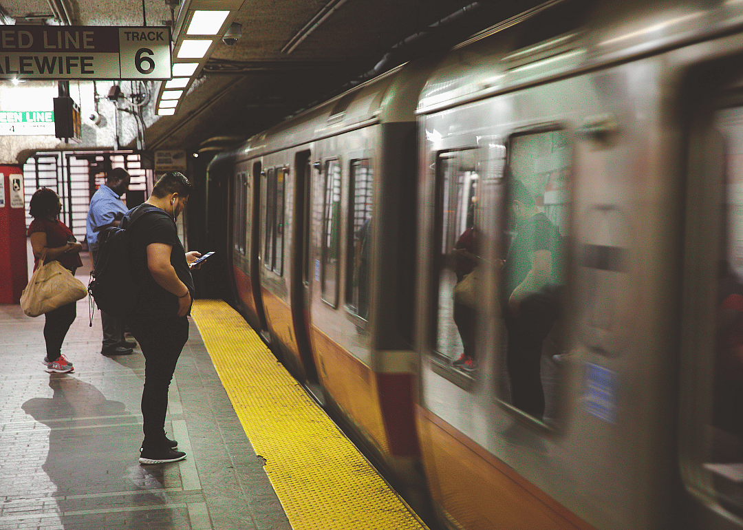 A light rail line operating out of a station in Boston