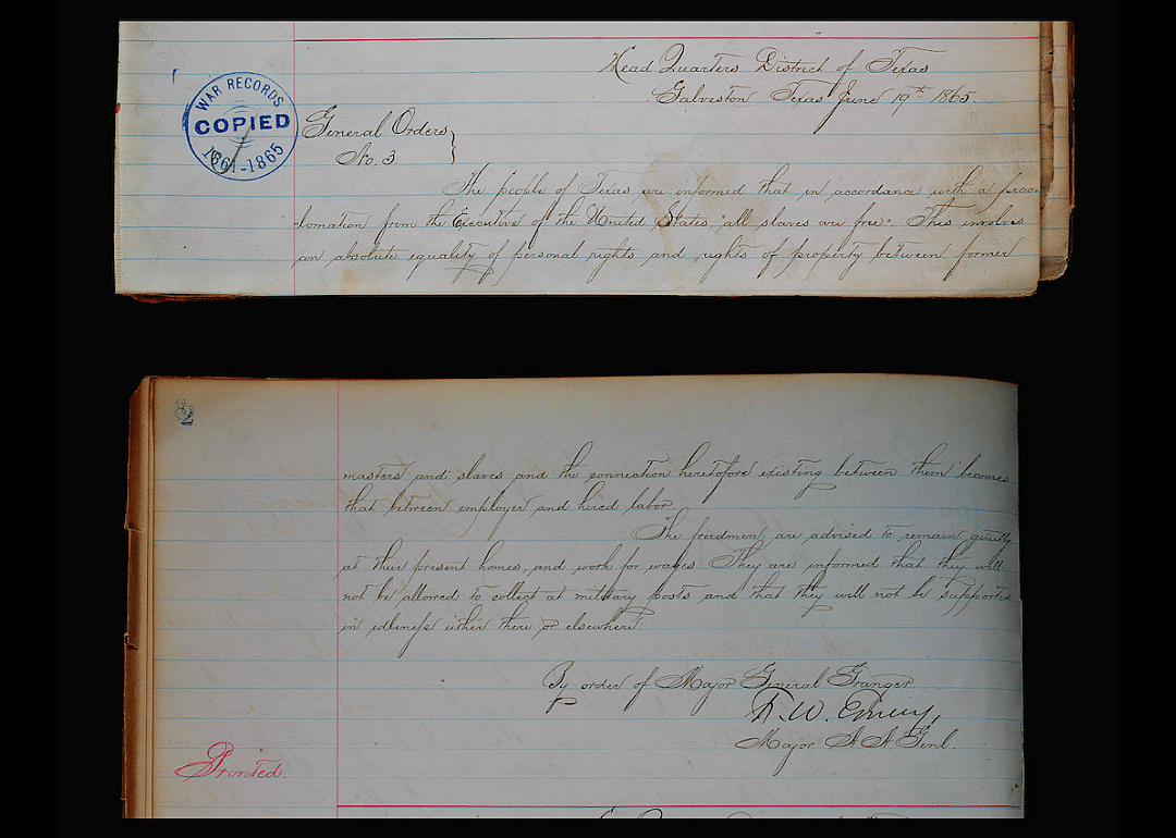 Photo of handwritten record showing General Orders, Number 3, issued by United States Major General Gordon Granger, June 19, 1865.