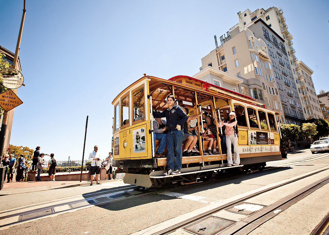 An iconic cable car running in San Francisco