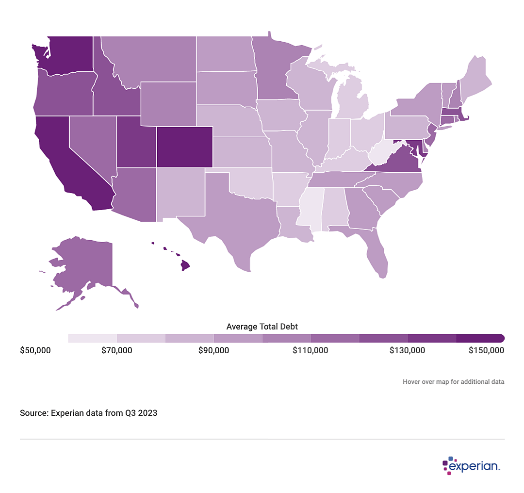 map showing Average Total Debt per Consumer, 2023