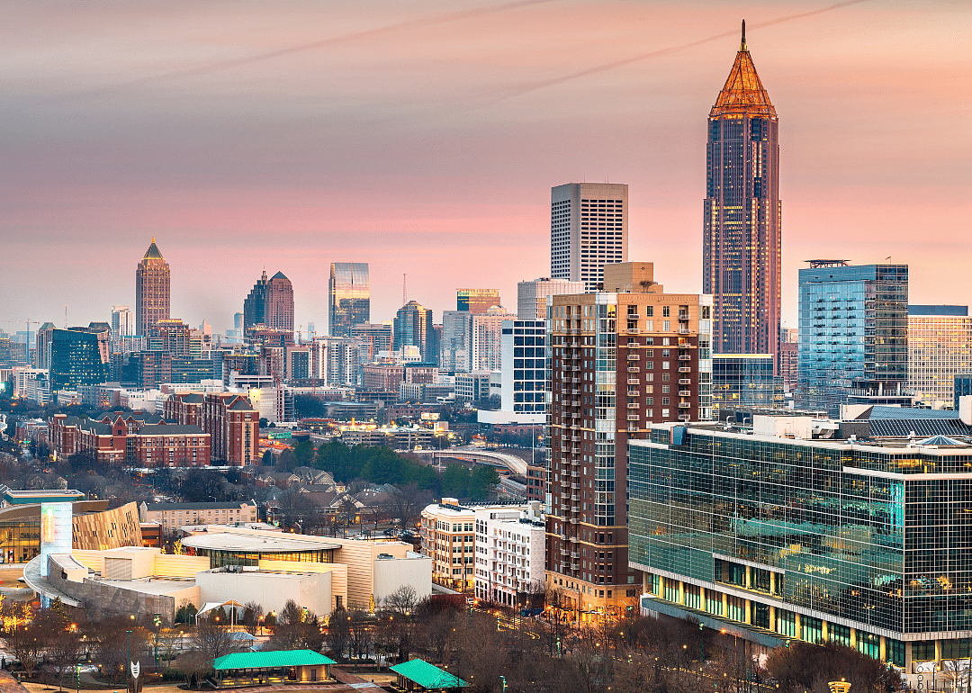 aerial view atlanta skyline at dusk