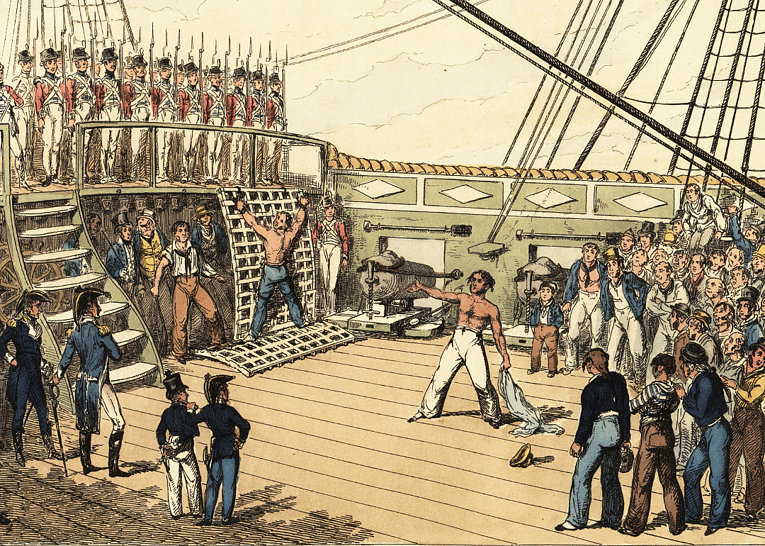 An illustration of a Royal Navy sailor tied to a grating on a ship deck for punishment with the cat-o-nine-tails.