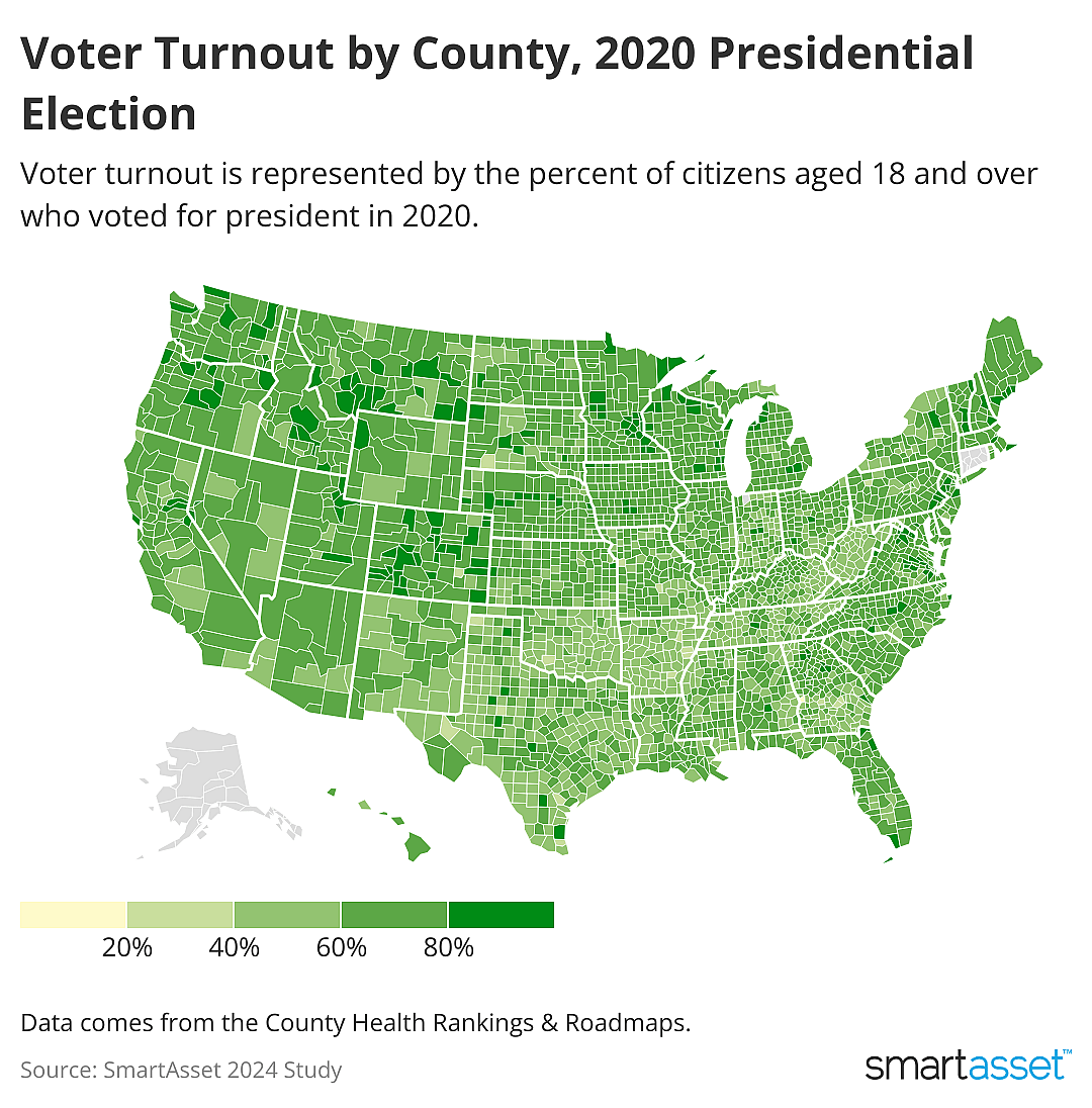 map showing voter turnout by county, 2020 presidential election