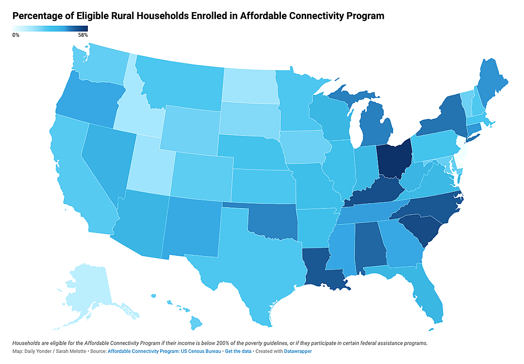 map: percentage of eligible rural households enrolled in affordable connectivity program