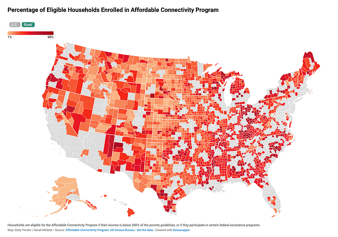 U.S map showing percentage of eligible households enrolled in rural areas