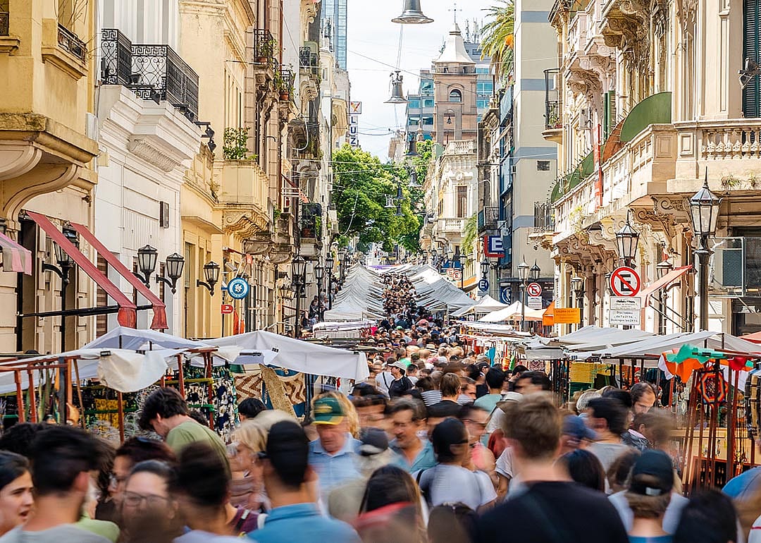 Crowds at the traditional San Telmo Market in Buenos Aires, Argentina.
