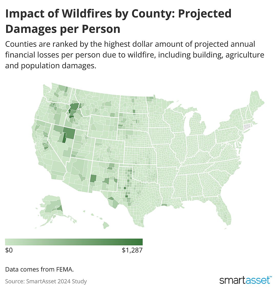 Map showing impact of wildfires by county: projected damages per person.