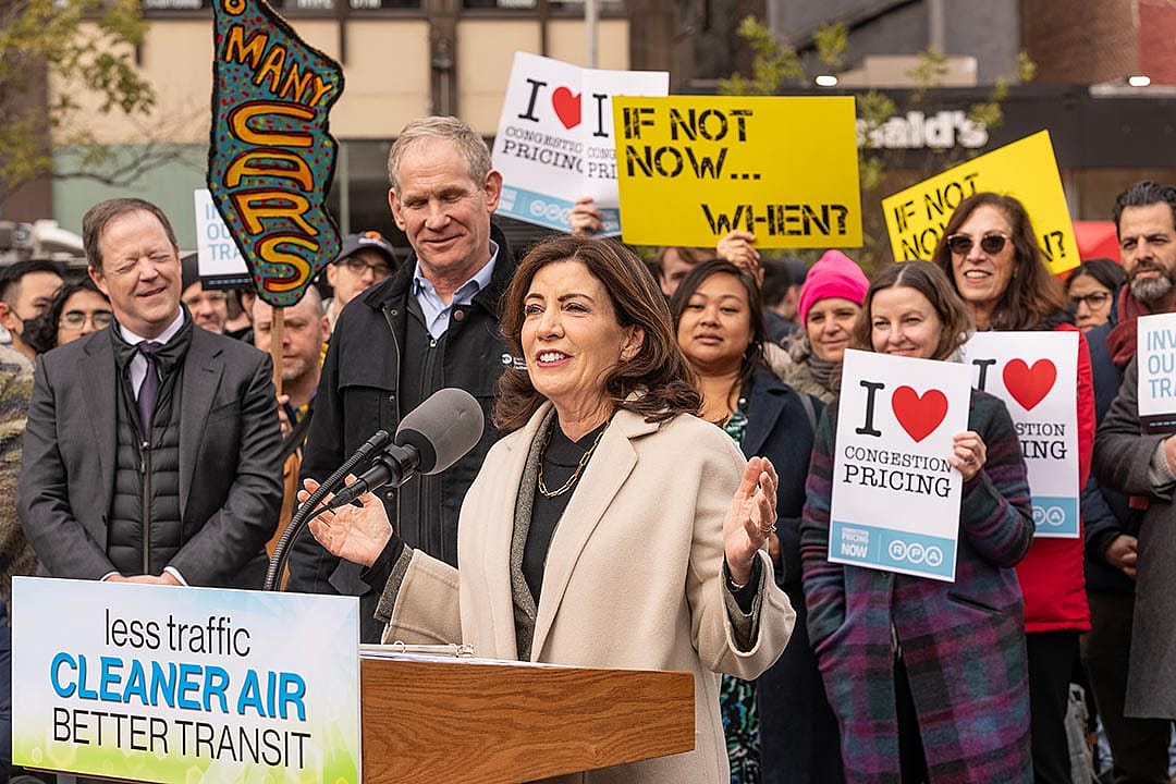 Governor Kathy Hochul speaks at the congestion pricing rally on Union Square in New York City.