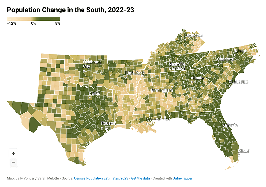 Map showing Population Change in the South, 2022-23.
