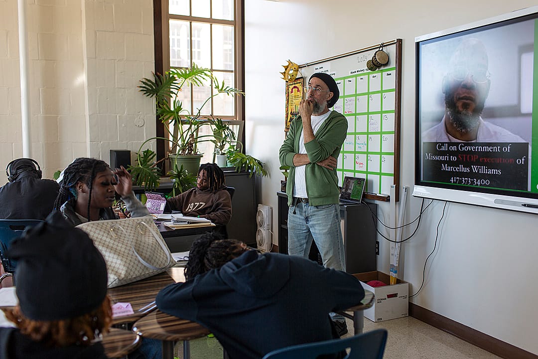 photo showing History teacher John Winters leading a discussion at Dobbins Career Technical Education High School in Philadelphia.