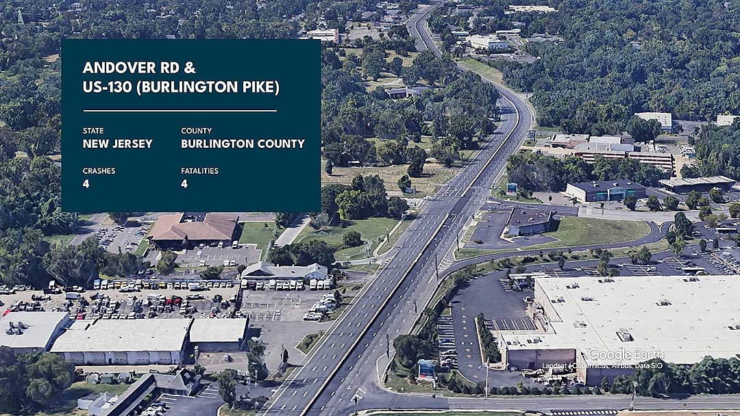 Graphic showing Andover Road and US-130 with statistics overlaid.