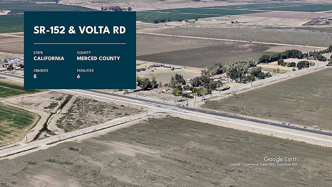 Graphic showing SR-152 and Volta Rd. with statistics overlaid.