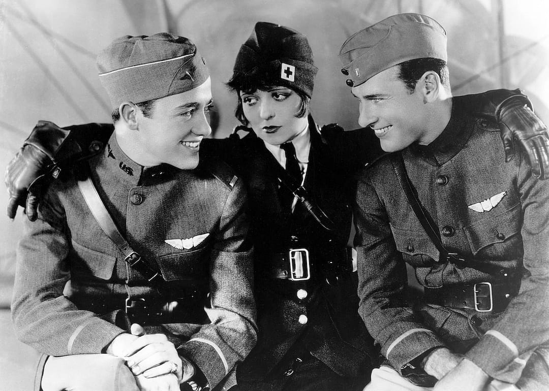 American actors Richard Arlen, Clara Bow, and Charles 'Buddy' Rogers on the set of 'Wings.'