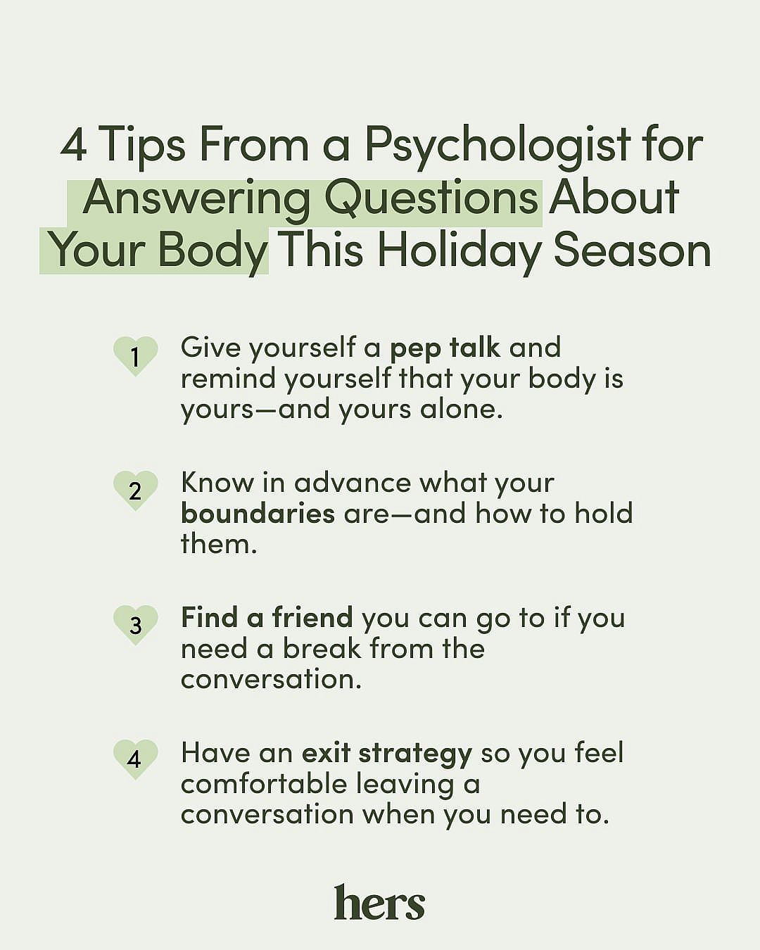 Infographic listing tips for talking about your body during the holi