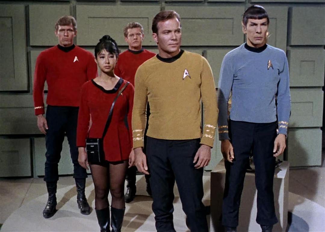 Miko Mayama, William Shatner, and Leonard Nimoy in Star Trek.