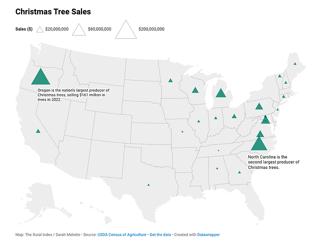Map showing Christmas tree sales revenue.