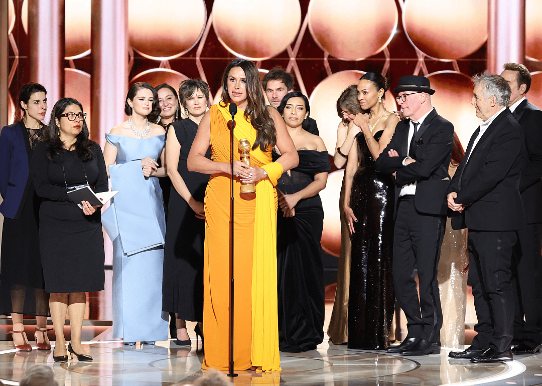 Karla Sofía Gascón accepting the Best Motion Picture Musical or Comedy for "Emilia Pérez" during the 82nd Annual Golden Globes held at The Beverly Hilton on January 05, 2025 in Beverly Hills, California.
