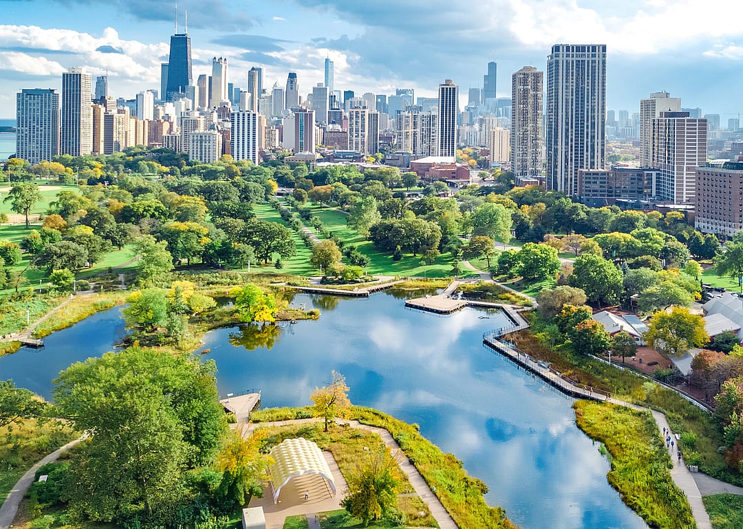 Aerial view of the Chicago skyline in Illinois.