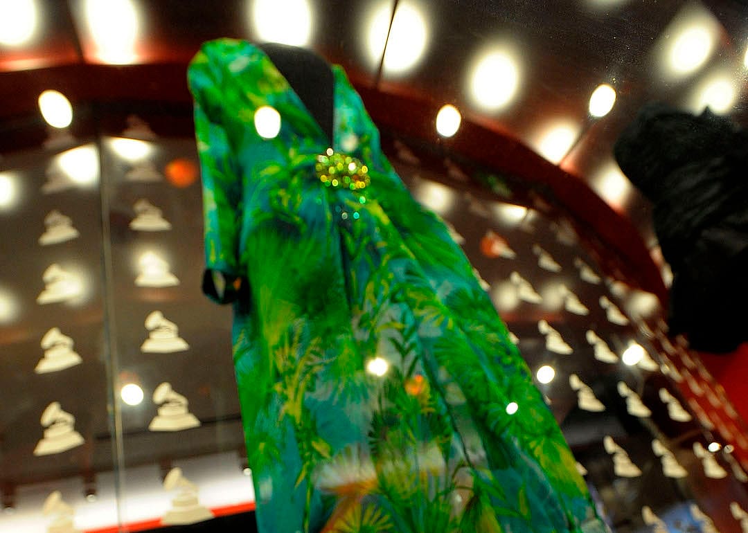 Jennifer Lopez's tropical print green-and-blue Versace dress at the Grammy Museum.