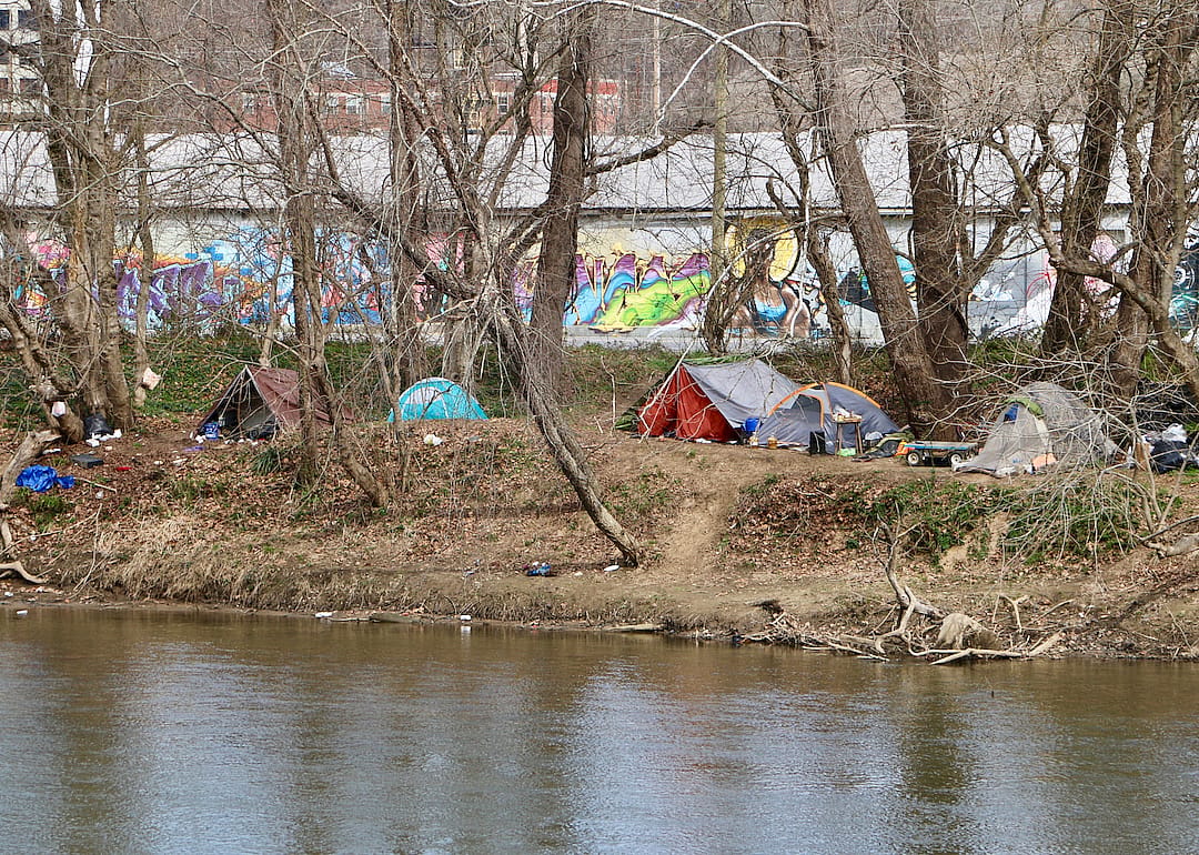 Homeless tent city along French Broad River in North Carolina.