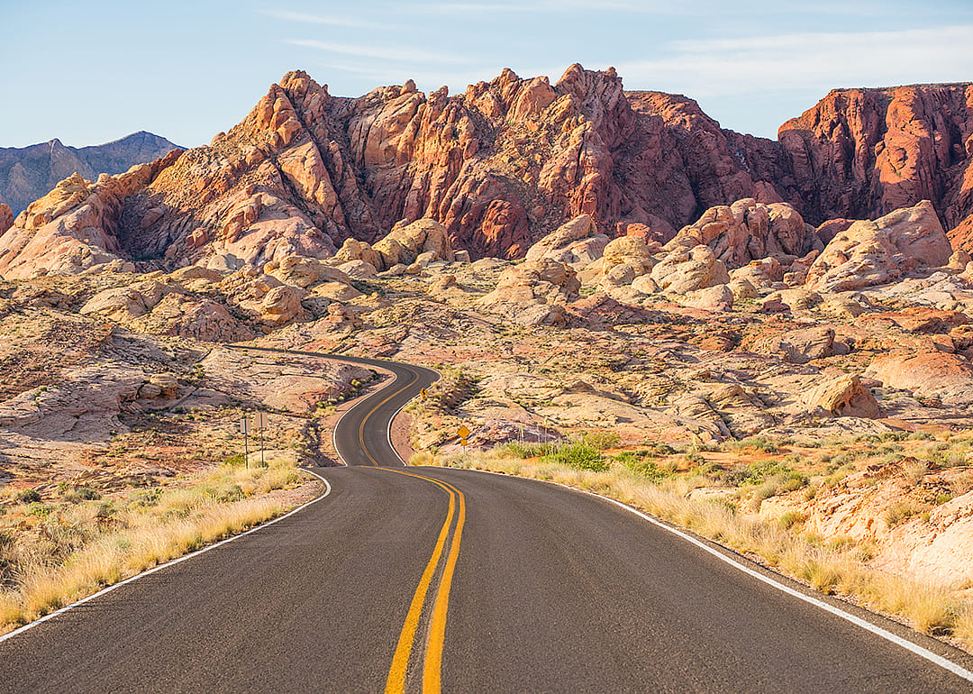 A sunny view of the Valley of Fire State Park in Nevada.