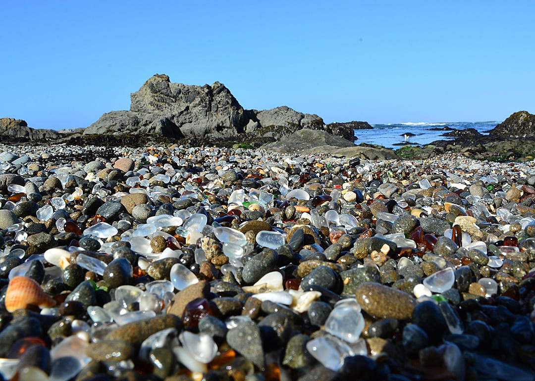 A shore view of the Glass Beach in Fort Bragg, Northern California.