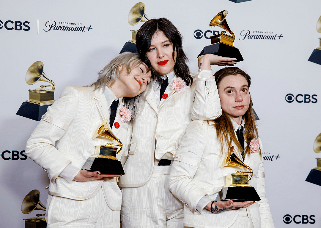 Winner Phoebe Bridgers, Lucy Dacus and Julien Baker of Boygenius, with trophy, at the 66th Grammy Awards held at the Crypto.com Arena in Los Angeles, CA, Sunday, Feb. 4, 2024. 