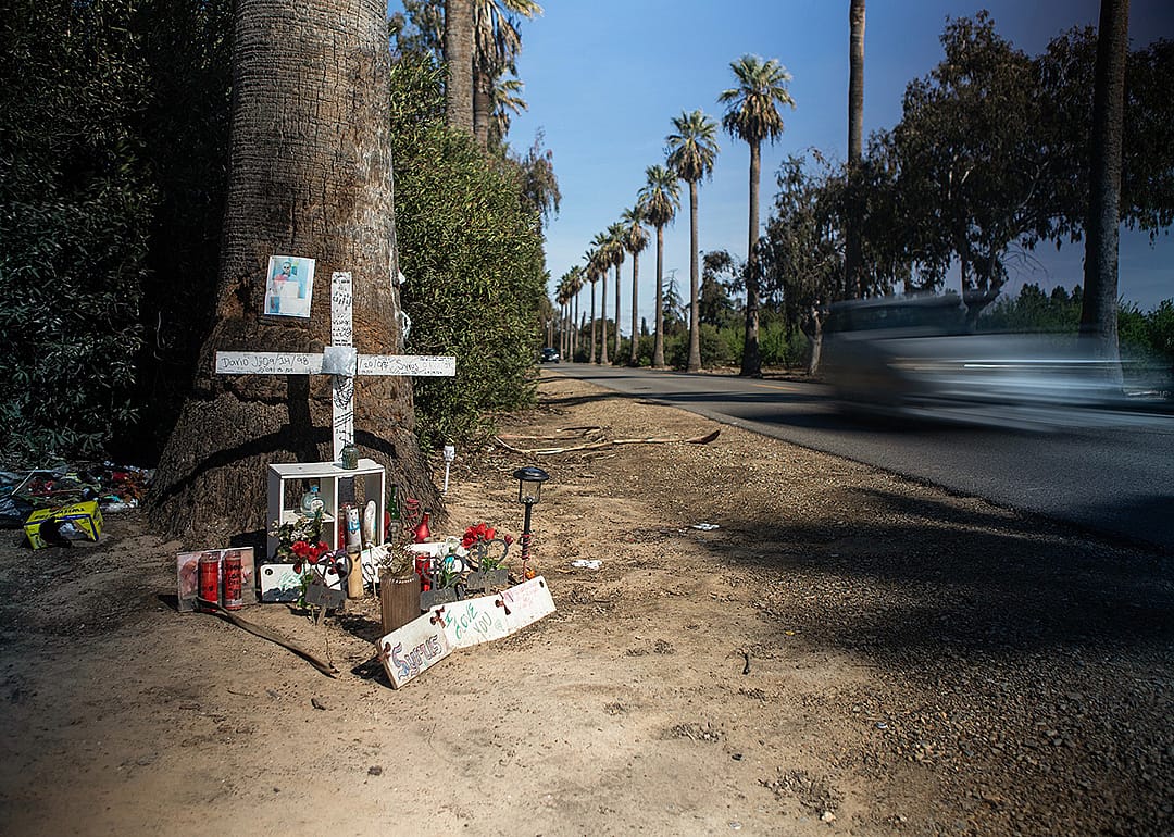 A memorial for car accident victims on a roadside outside Fresno.