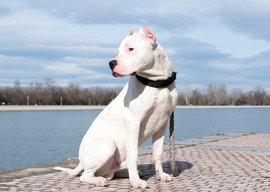 A Dogo Argentino sits near the water.