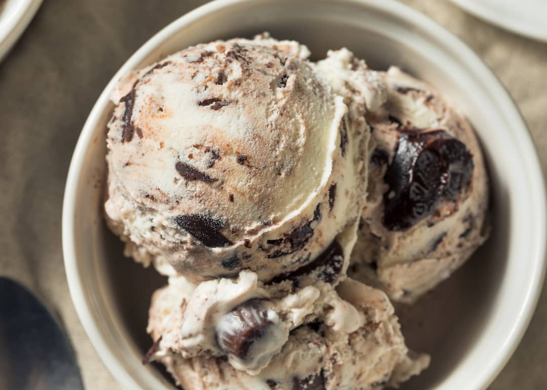 Homemade moose tracks Ice Cream in a bowl.