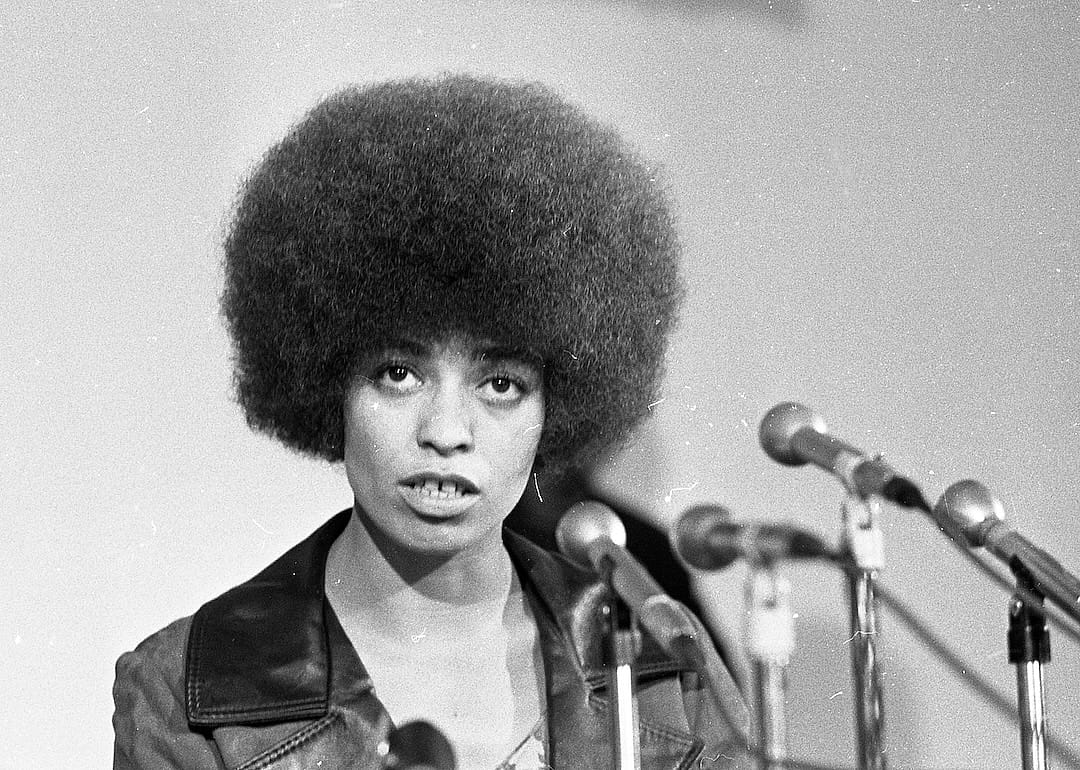 Angela Davis speaks at Mills College in Oakland on October 23, 1969, after being fired as a UCLA philosophy professor due to her Communist affiliations.