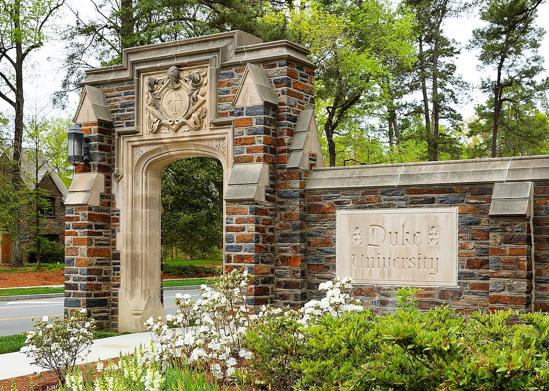 Entrance sign of Duke University in Durham, North Carolina.