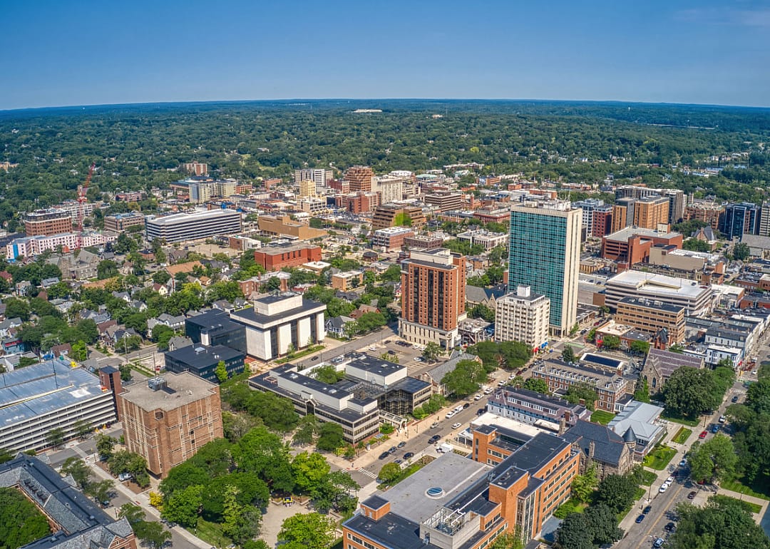 Aerial view of downtown Ann Arbor in summer.