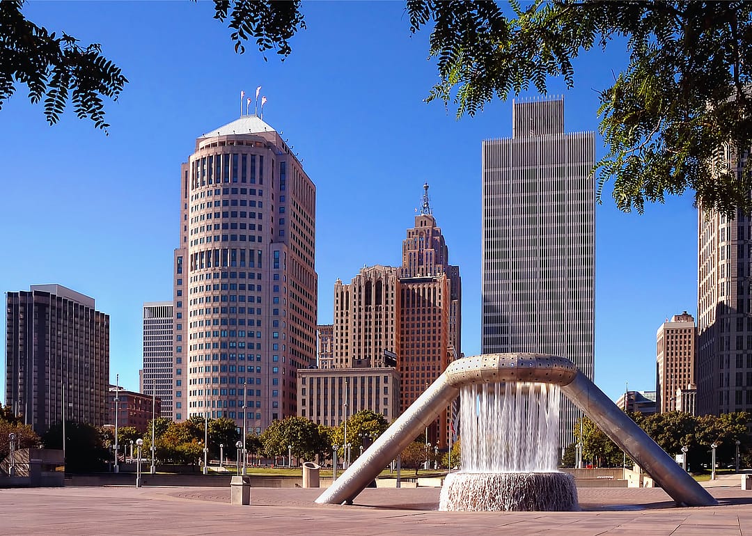 Park and skyscrapers in downtown Detroit.