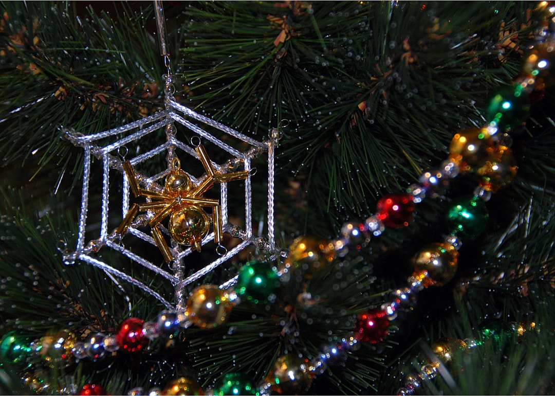 A close up of a gold spider and silver web ornament on a Christmas tree.