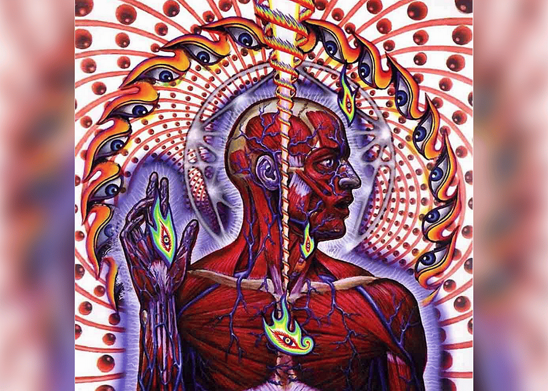 The human body muscle anatomy surrounded with evil eyes.