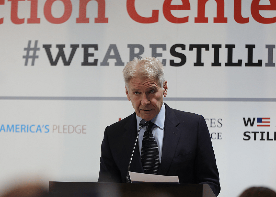 Harrison Ford delivers a speech in 2019