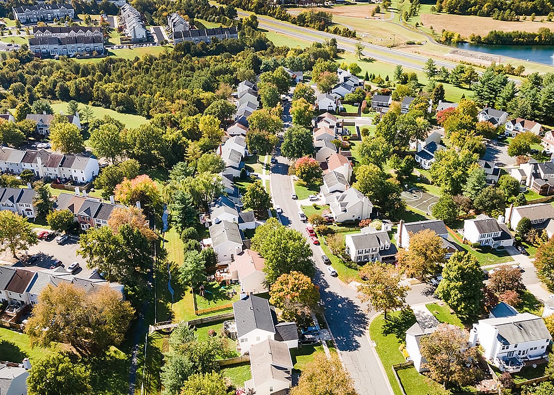 Aerial view of upscale residential area in autumn.