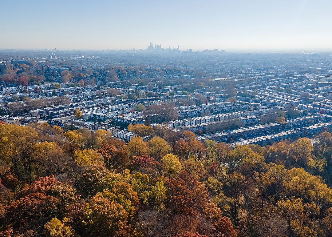 Aerial view of suburban multifamily homes in Ardmore.