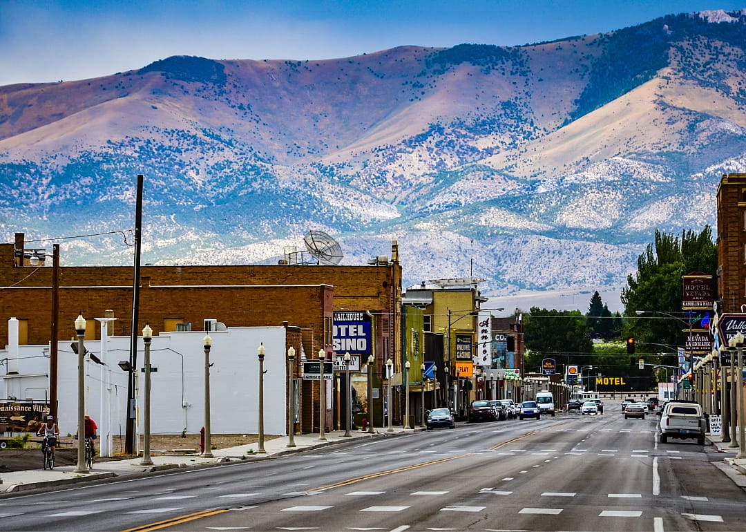 Route 50 in Ely with mountain range in the background.
