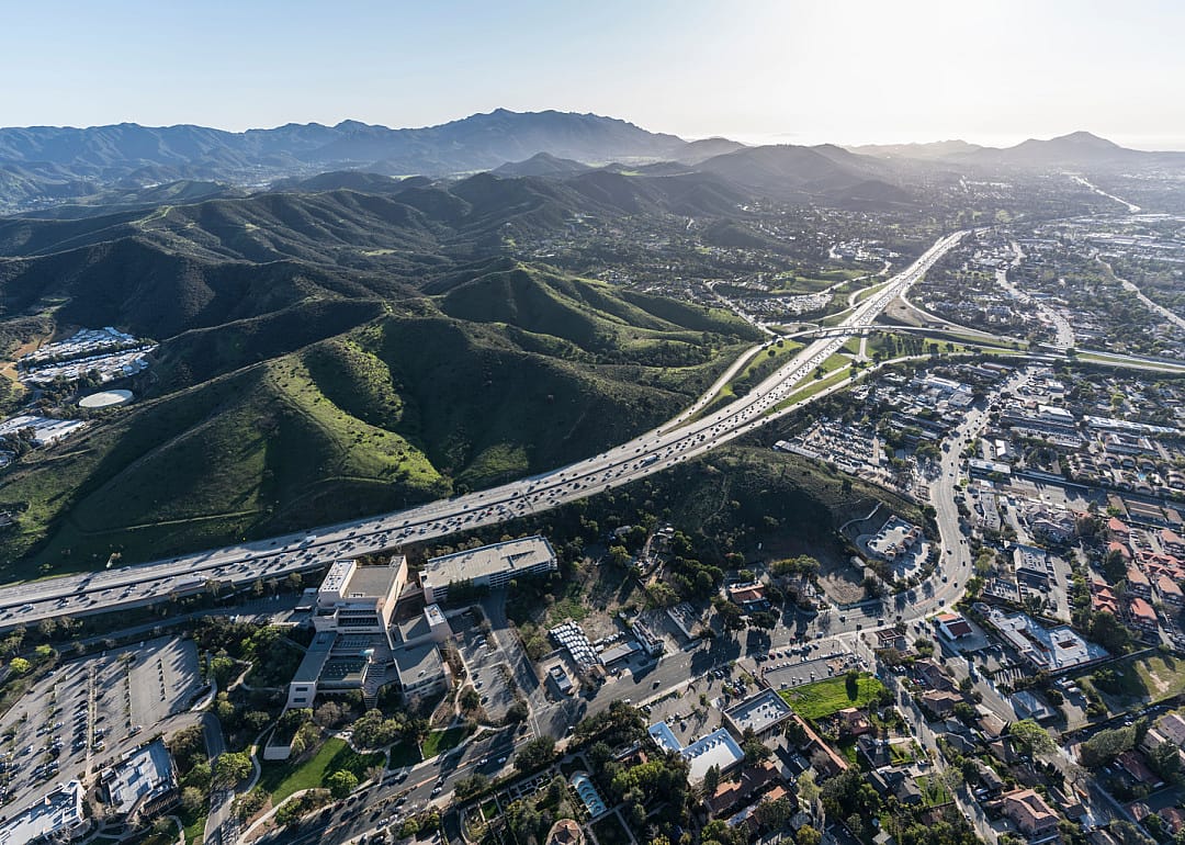 Aerial view of Ventura 101 freeway and suburban Thousand Oaks.