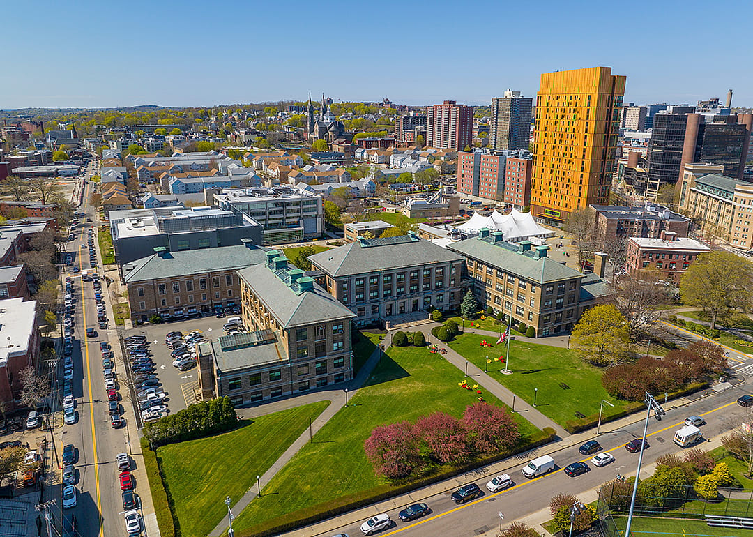 Wentworth Hall aerial view at Wentworth Institute of Technology.